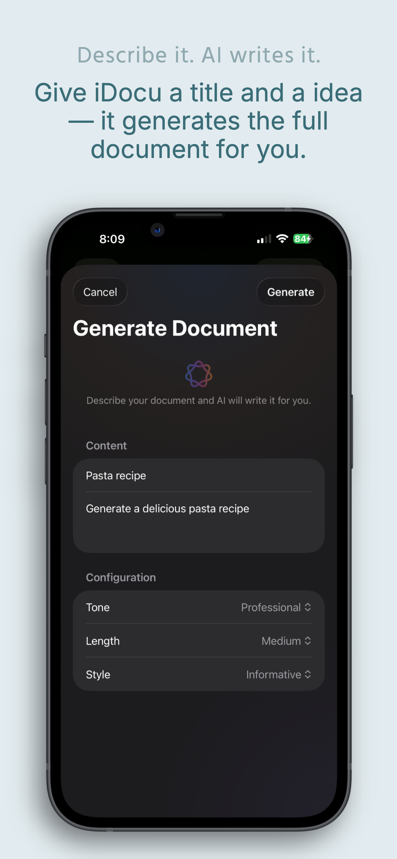Generate Document screen with Apple Intelligence, tone, length and style configuration