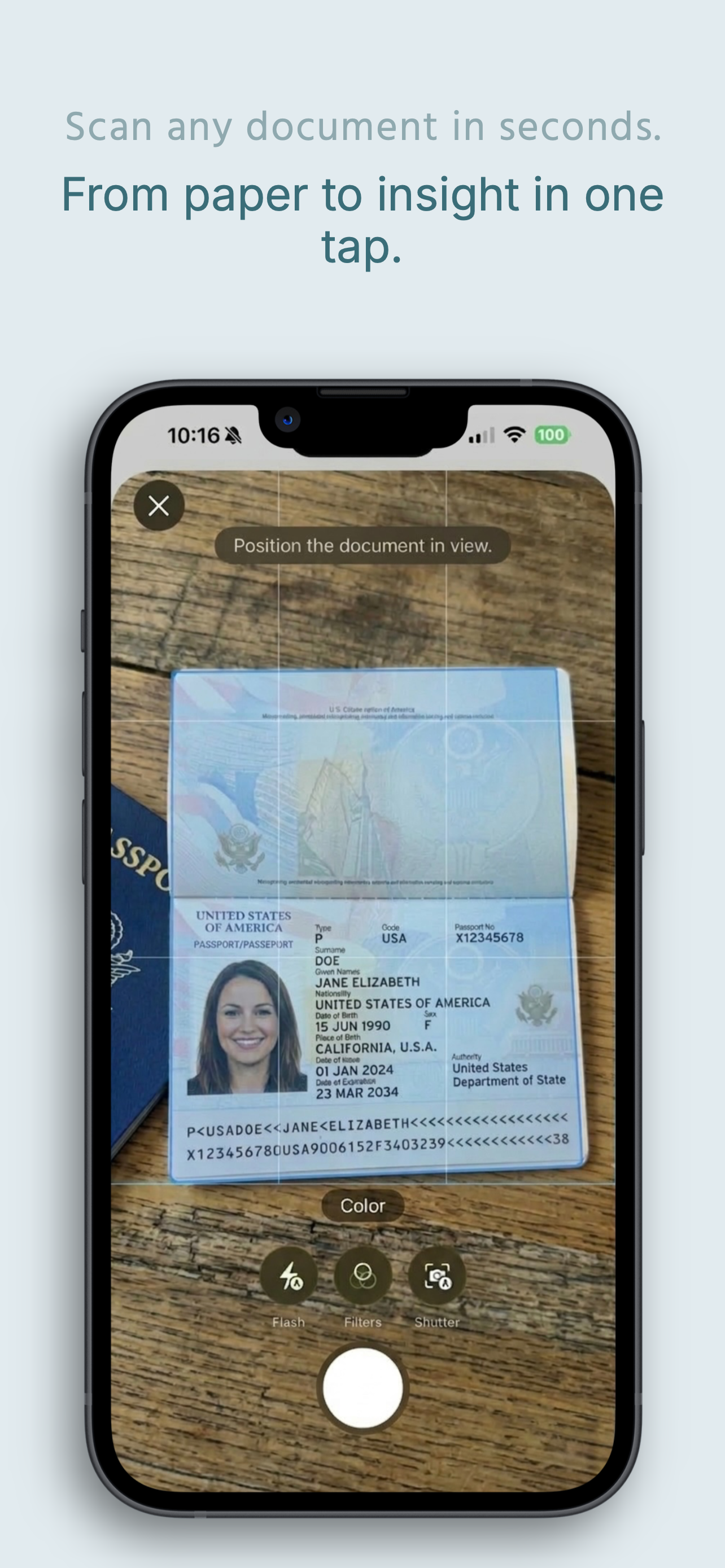 iDocu camera scanning a US passport