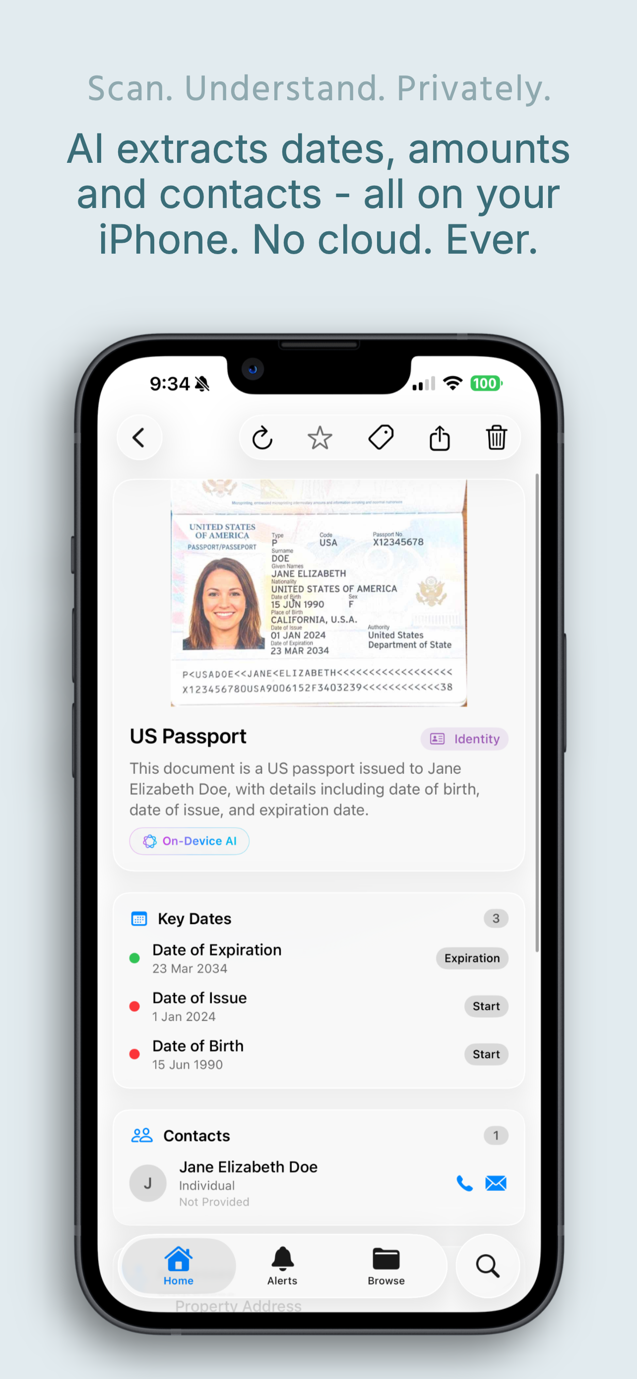 Structured data extracted from a scanned US passport — Key Dates and Contacts