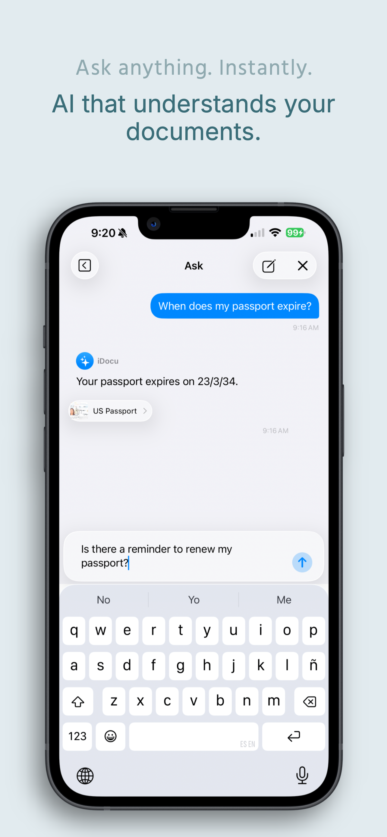 iDocu answering 'When does my passport expire?' with date and source document cited