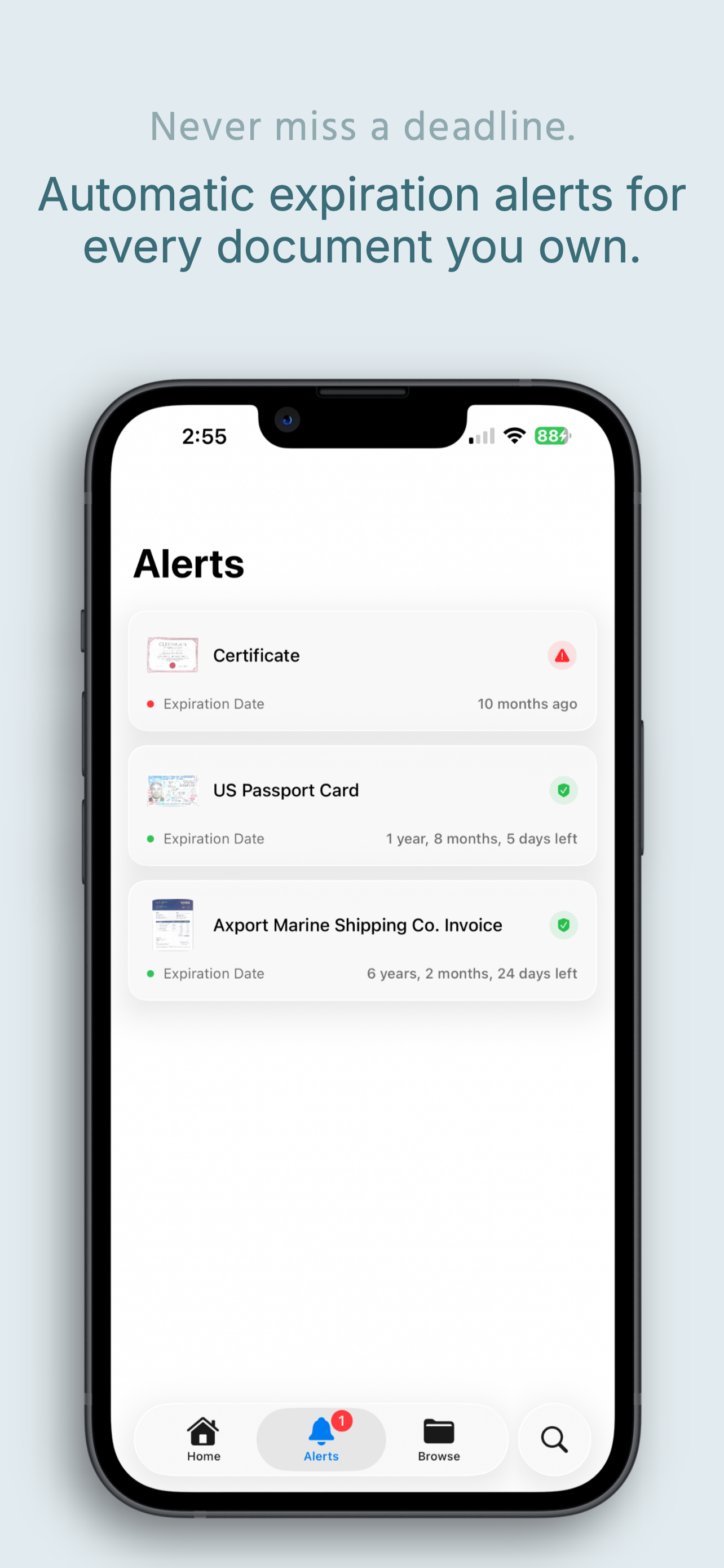 iDocu Alerts screen showing expiration countdowns for certificates and passports