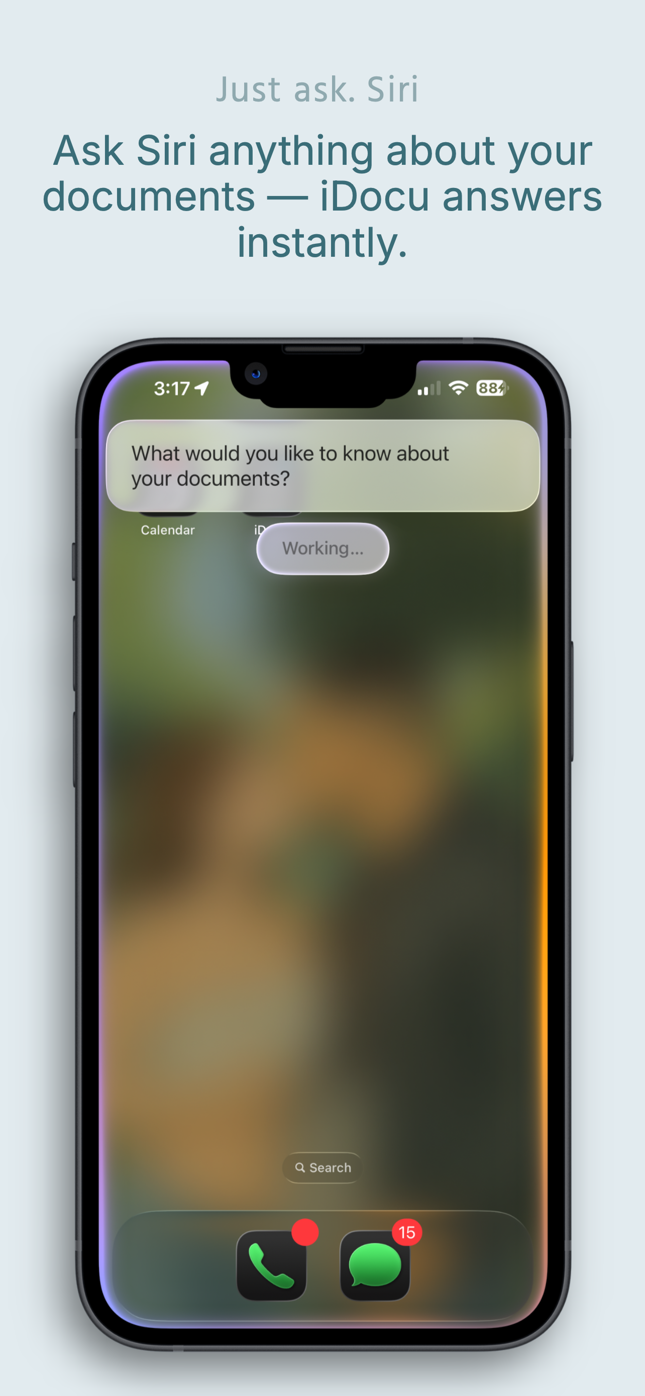 Siri on Home Screen querying iDocu about documents